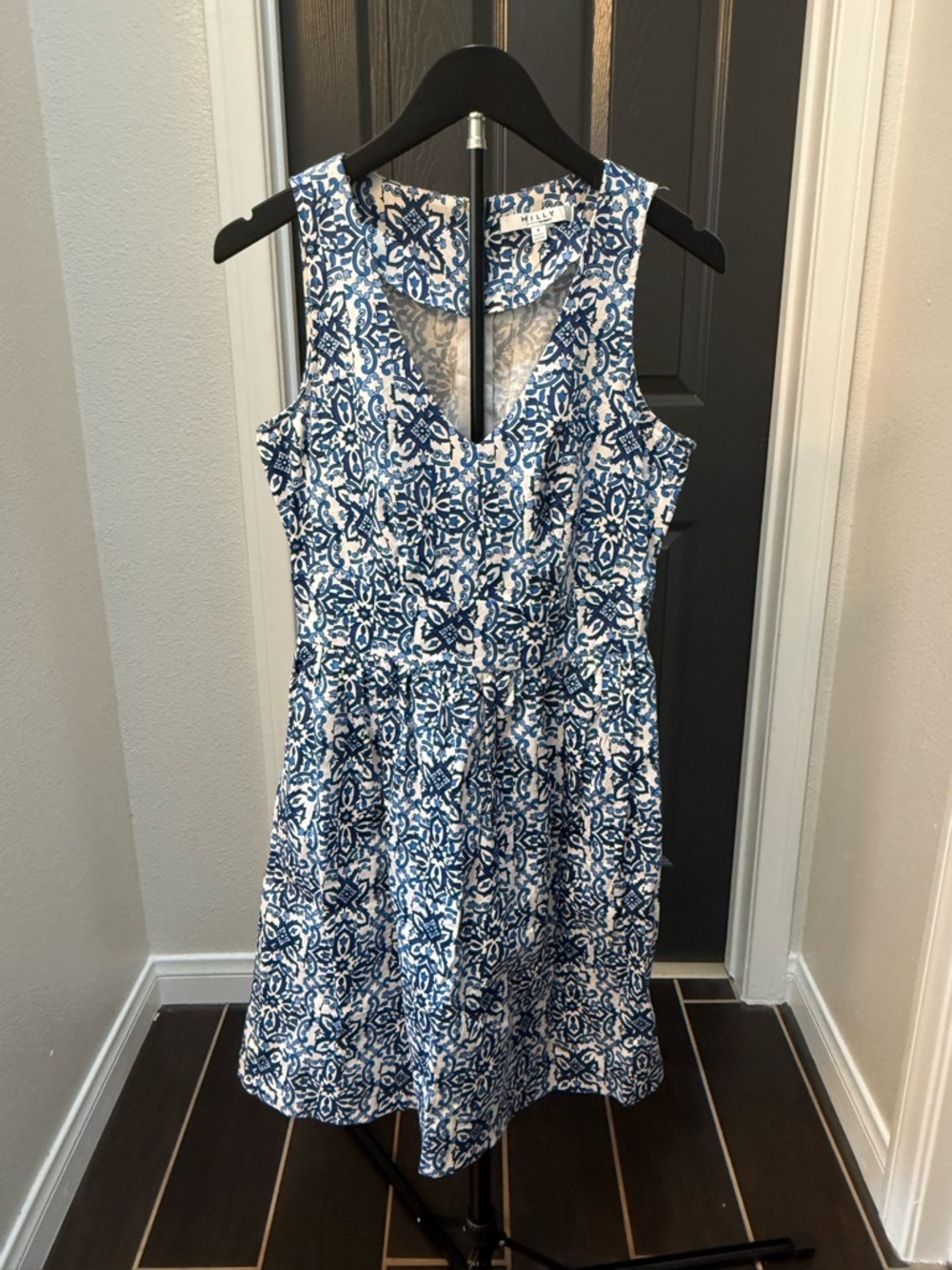 Milly Blue and White Sleeveless Midi Dress